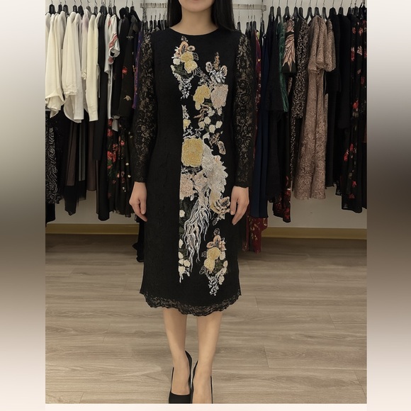 Js Collection bird embroidered V- back slim midi dress with illusion lace sleeve - Picture 3 of 9